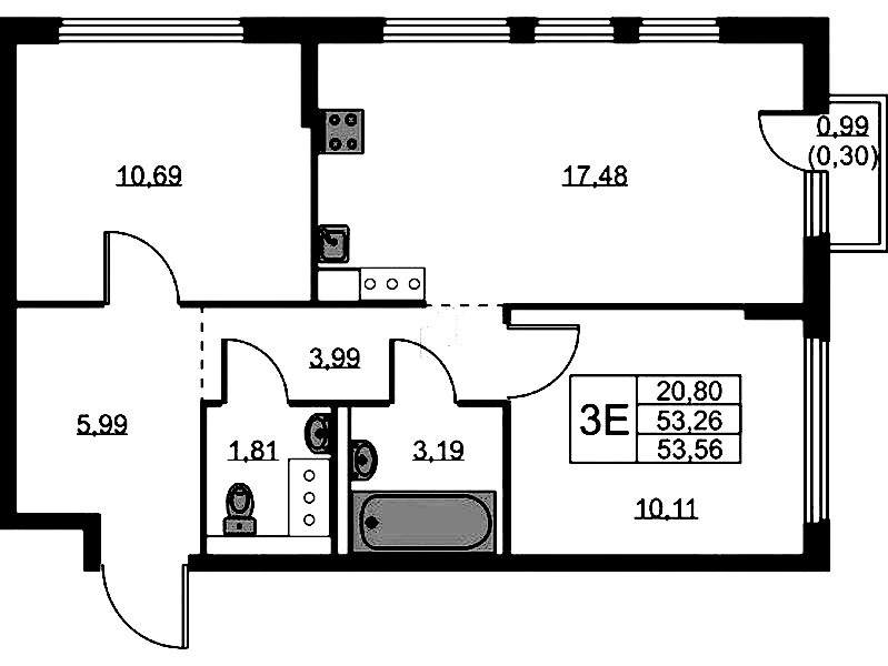 2-комнатная квартира 53.56 м², 11/11 эт., ЖК «Новое Колпино»